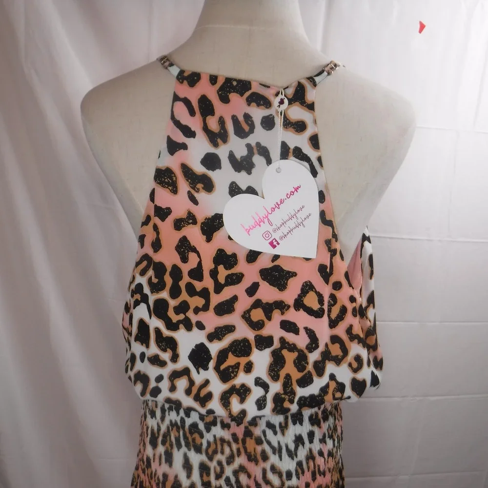 Buddy Love Leopard Print Maxi Dress Pink Orange Ombre Smocked Tiered Large NWT